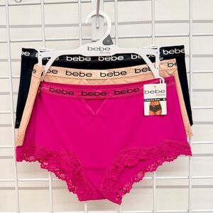 bebe Lace-Trim Boyshorts Trio in Hot Pink, Nude & Black